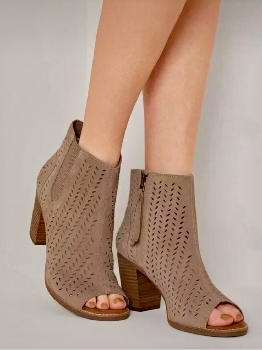 Toms Taupe Suede “Majorca” Peep-Toe Ankle Booties